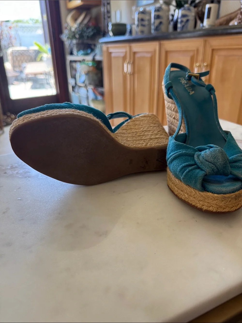 Prada Teal Suede Knot Espadrille Wedges